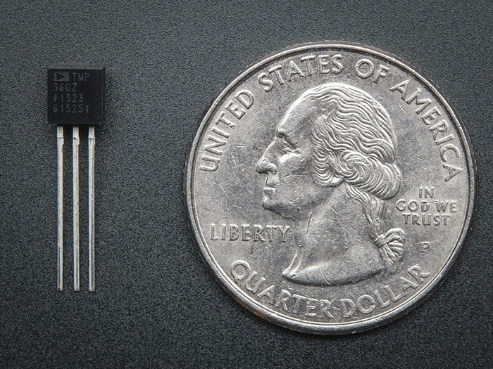 A TMP35 temperature sensor alongside a quarter dollar coin (for scale)